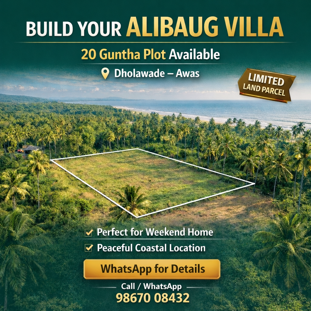 Panoramic view of the 20‑guntha plot in Dhokawade, Alibaug, showing open green land, mango trees and mountain scenery