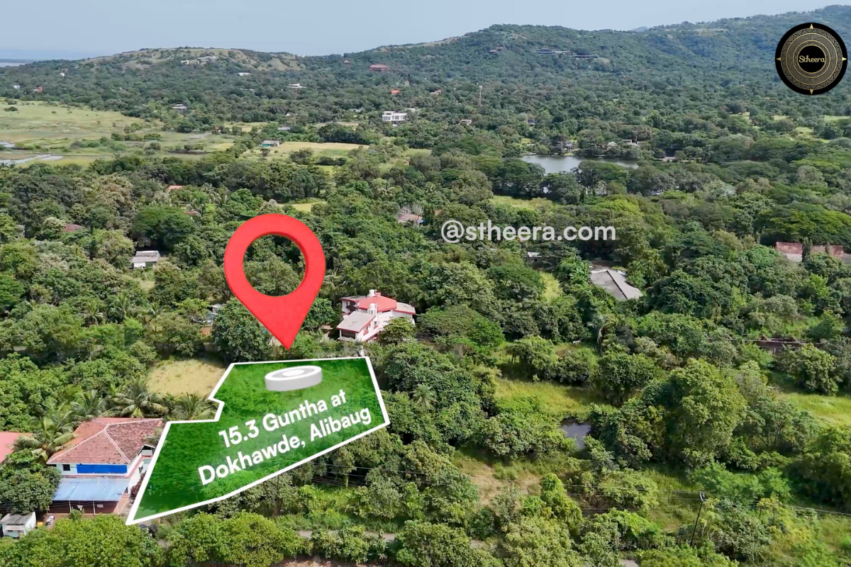 15.3 Guntha land for sale in Dhokawde, Alibaug with green landscape, mountain view, and location marker. Stheera Properties contact: stheera.com