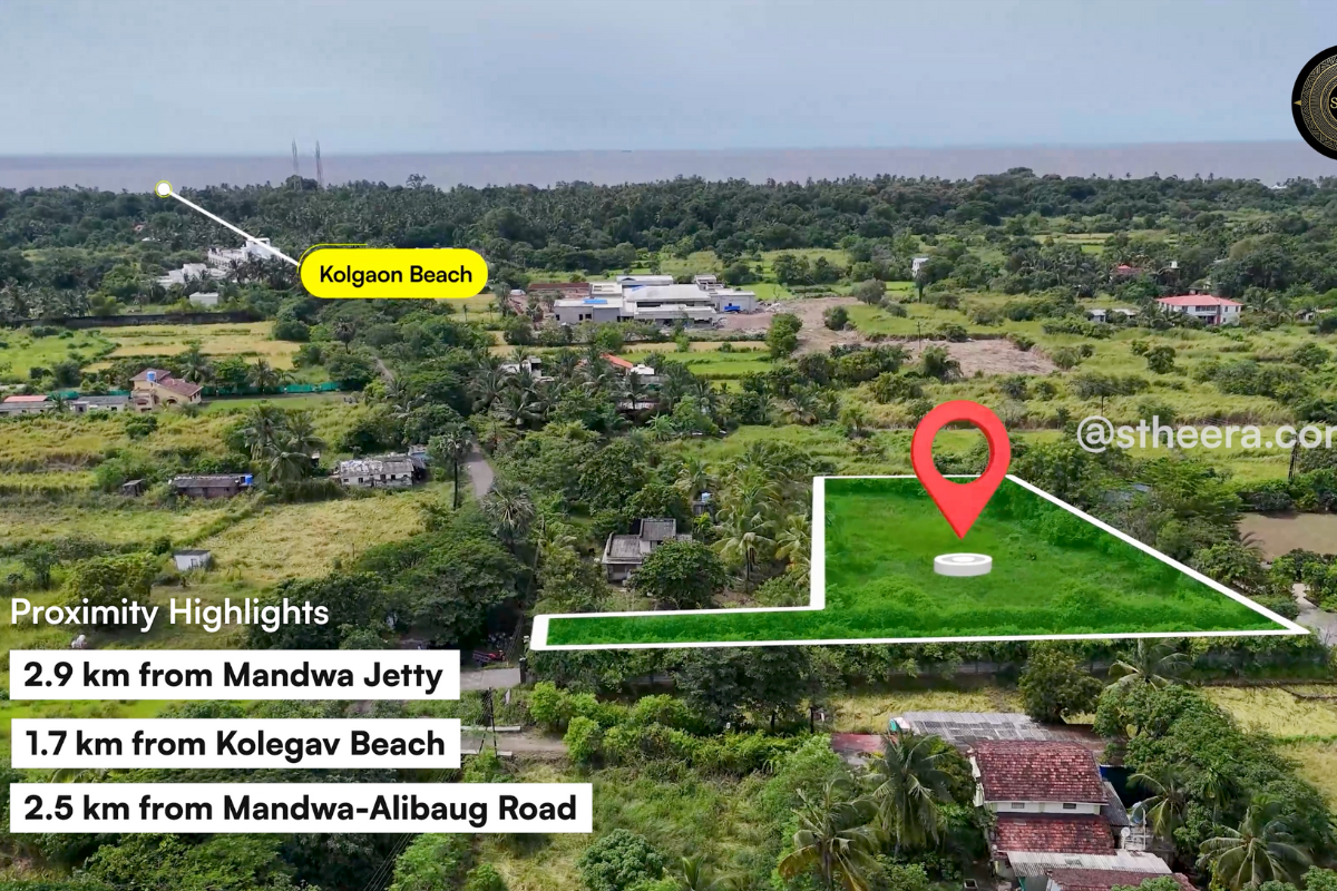 20 guntha land for sale in Sasawne, Alibaug with proximity highlights: 2.9 km from Mandwa Jetty, 1.7 km from Kolgaon Beach, 2.5 km from Mandwa-Alibaug Road. Stheera Properties contact: stheera.com