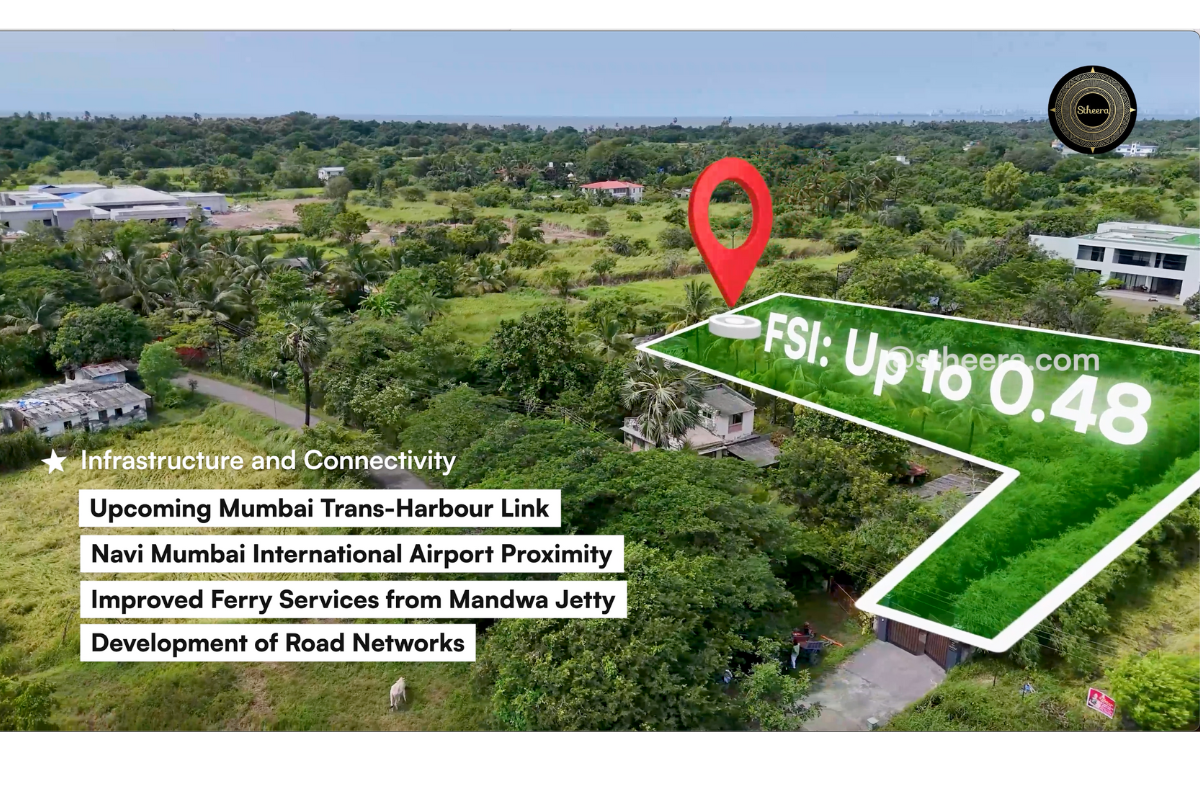 20 guntha land for sale in Sasawne, Alibaug with FSI up to 0.48, highlighting infrastructure connectivity including Mumbai Trans-Harbour Link, Navi Mumbai International Airport, improved ferry services, and road network development. Stheera Properties contact: stheera.com
